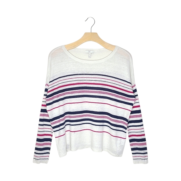 Joie Sweaters - Joie White, Pink & Navy Striped Long Sleeve Linen Crew Neck Knit Sweater